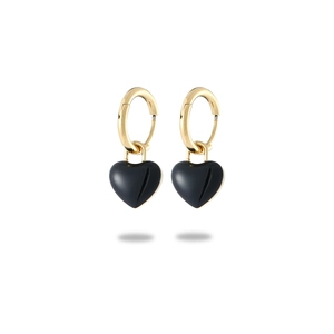 Elegant gold stainless steel earrings with black oil-drop heart pendants on white background