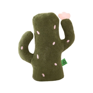 Pluche cactus kattenspeeltje met roze bloem en borduursel van zachte groene stof