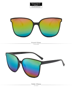Front and side views of black frame sunglasses with rainbow mirrored lenses and silver studs