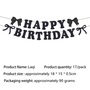 Detail of black glitter Happy Birthday banner with product specifications and dimensions