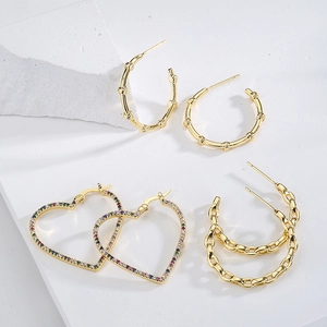 Copper Hoop Earrings 18K Gold Plated Geometric Heart Bamboo Chain C-Shaped Cubic Zirconia INS Trendy Jewelry For Women