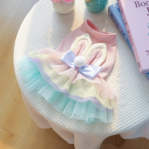 Close-up of cute pet dress featuring multi-color lace mesh and rabbit ear accents