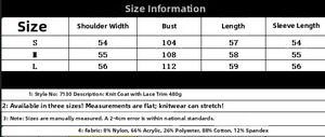 Size chart for knit cardigan showing S, M, L dimensions and fabric composition details