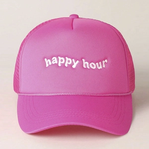 Hot pink baseball trucker hat with white happy hour embroidery and mesh back