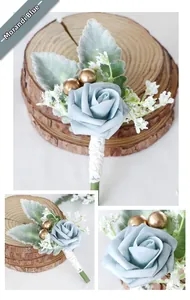 Detailed close-up of a Morandi Blue artificial rose boutonniere with elegant lace wrapping
