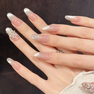 Pink gradient cat-eye press-on nails with 3D pearls and snowflake charms for women