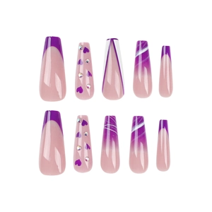 Purple French press on nails with white lines, heart patterns and rhinestones set