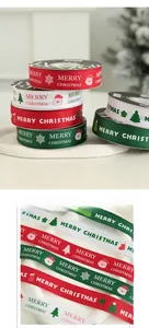 Detailed view of Christmas grosgrain ribbons with festive patterns and Merry Christmas text