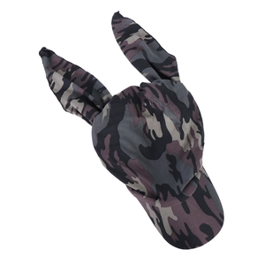 Detail of camouflage patterned headscarf cap with rabbit ear ties on white background