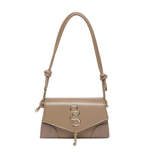 Minimalist khaki tassel shoulder bag with gold metal logo and crocodile pattern leather