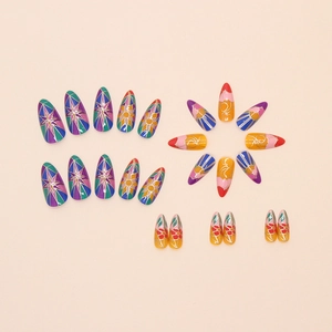 Gothic stained glass press-on nails with colorful floral patterns and gold outlines