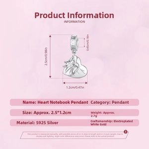 Detailed dimensions of S925 silver heart notebook pendant with platinum plating