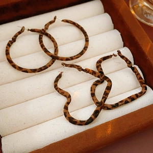 Detail view of leopard print hoop and heart-shaped earrings on a beige velvet jewelry box