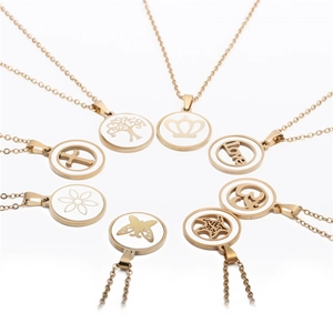 Set of 8 gold titanium steel necklaces featuring white round pendants with diverse cutout charms