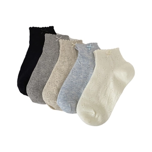 Five pairs of mesh ankle socks for women with lace edges and sweet bow decorations