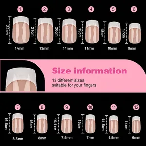 Size guide for French tip square press-on nails featuring twelve detailed dimensions
