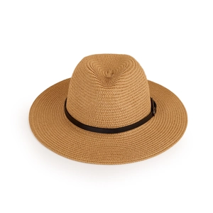 Detailed texture of woven straw sun hat featuring a black leather band and metal buckle