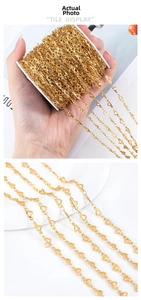 Close-up of gold plated stainless steel heart chain links on a spool for DIY jewelry
