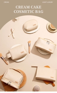 Detailed top view of cream quilted PU makeup bags with elegant vertical stitching detail