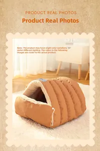 Detail of semi-enclosed pet nest with warm brown fabric and white faux fur lining interior