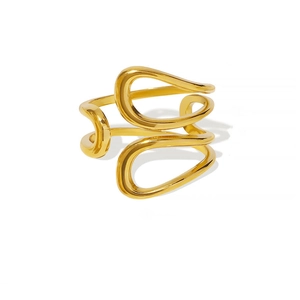 Modern 18K gold-plated stainless steel ring with abstract wave-shaped geometric design