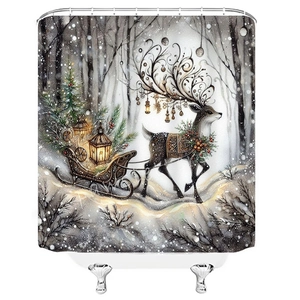 Christmas shower curtain with reindeer pulling sled through winter forest scenery