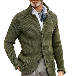 Olive green men's stand collar waffle knit cardigan sweater with button closure