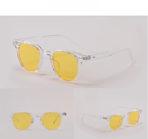Detailed views of SS0051 round small frame sunglasses with transparent yellow lenses