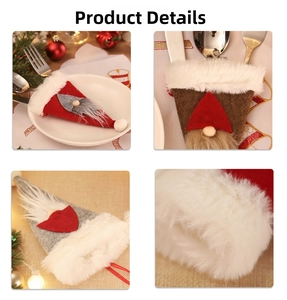 Detail showing forest gnome Christmas cutlery holders with plush white beards and festive hats