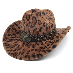 Chapeau De Cow-Boy Imprimé Léopard Fausse Fourrure Western Boucle Crâne De Taureau Bande Cuir Rivetée Hiver