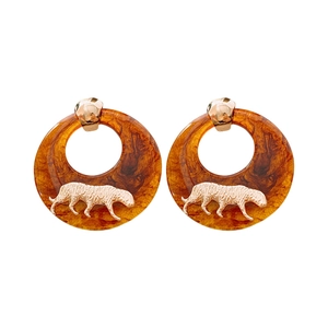 Maillard resin hoop earrings with brown marble texture and golden leopard accent