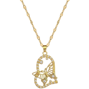 Elegant gold titanium necklace featuring a sparkling crystal butterfly and pearl charm