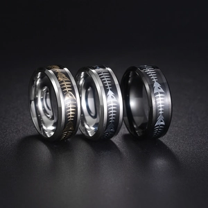 Three-piece men's 8mm stainless steel rings set featuring punk fish bone pattern inlays