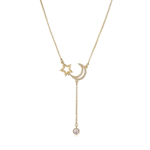 Gold plated star and moon necklace with tassel and sparkling cubic zirconia pendant