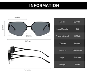 Detailed size specifications and technical dimensions for these stylish half-frame sunglasses