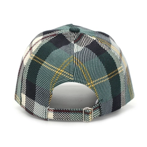Detail view of plaid baseball cap showing silver metal buckle and adjustable strap