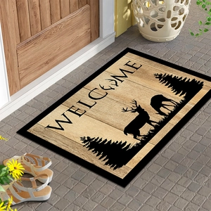 Paillasson d'Halloween avec silhouettes de cerfs et de pins sur motif grain de bois