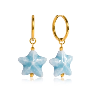 18K gold stainless steel hoop earrings with blue ceramic starfish pendants on white background