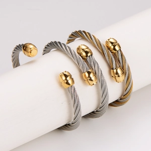 Three-piece stainless steel cable wire open bangles in gold and silver finish