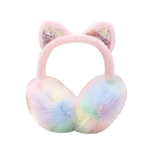 Rainbow plush earmuffs for girls featuring glitter star cat ears and foldable band