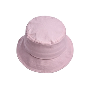 Detailed view of pink cotton bucket hat showing reinforced brim stitching and fabric texture