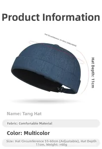 Detailed view of dark blue denim docker hat showing adjustable strap and size dimensions