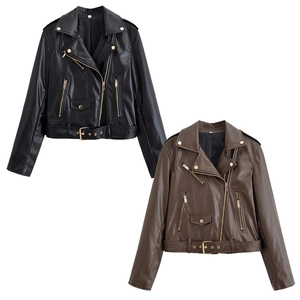 Damen Bikerjacke Kunstleder PU Moto Revers Asymmetrischer Reißverschluss Goldene Hardware Gürtelsaum Streetwear