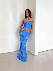Floral Print Camisole Crop Top And High Waist Long Skirt Polyester Elastane Summer Sexy Vacation Outfits Women