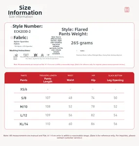 Size chart for yoga flare pants with fabric details and measurements in multiple colors