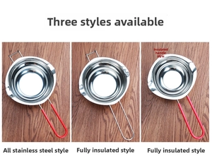 Three types of stainless steel melting pots for chocolate and wax with heat-resistant handles