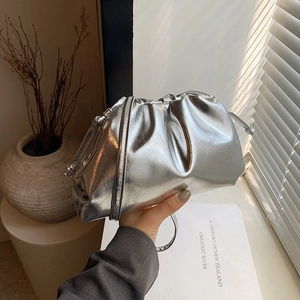 Metallic PU Leather Cloud Bag Ruched Pleated Crossbody Clutch Pouch Dumpling Handbag For Women Stylish Streetwear