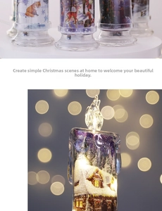 Detailed view of LED Christmas candle with winter scene illustration and warm flame light