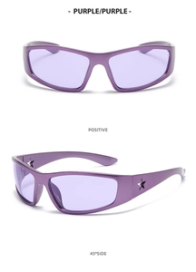 Detail view of purple Y2K sports sunglasses with cutout star design on the temples