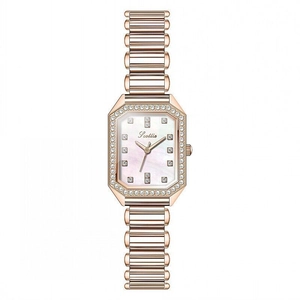 Elegant rose gold square watch for women with mother-of-pearl dial and diamond bezel